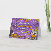 かわいい紫色のかわいいハロウィン誕生日 サンキューカード (正面)