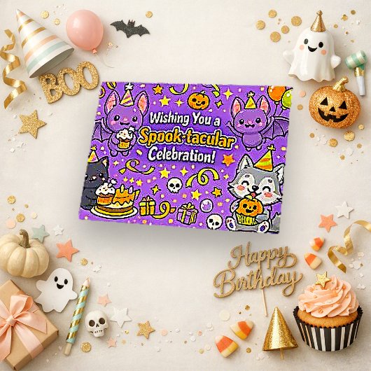 かわいい紫色のかわいいハロウィン誕生日 サンキューカード