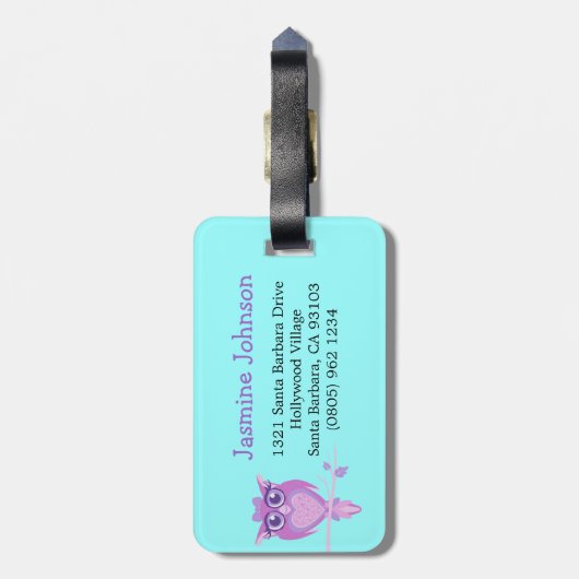 かわいい紫色のアクアシッドカスタムフクロウのラゲッジタグ ラゲッジタグ (裏面縦)