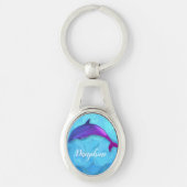 かわいい紫色のイルカの水 – 名前を追加 キーホルダー (正面)