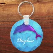 かわいい紫色のイルカの水 – 名前を追加 キーホルダー (正面)
