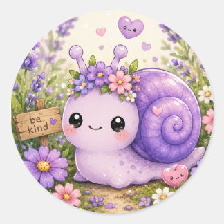 かわいい紫色のカタツムリの花のステッカー ラウンドシール