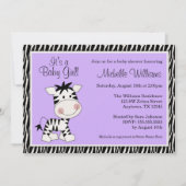 かわいい紫色のシマウマの女の子のベビーシャワー 招待状 (正面)