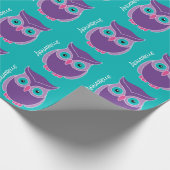 かわいい紫色のティール(緑がかった色)の愛らしいフクロウのパーソナライズな女の子 ラッピングペーパー (角)