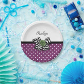 かわいい紫色のドットグリーンバラシェブロンボウと名前 ペーパープレート (パーティー)