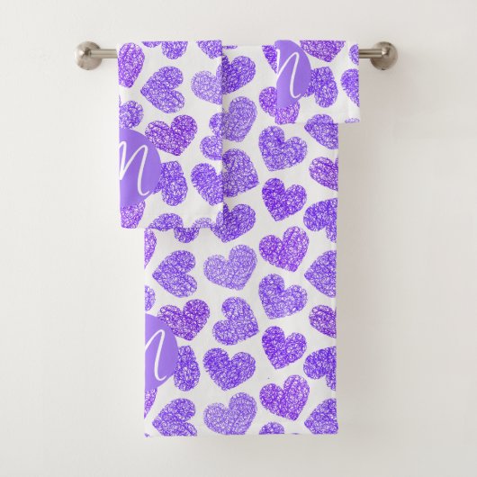 かわいい紫色のドードルハートバレンタインズデイモノグラム バスタオルセット (インサイチュ)