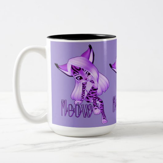 かわいい紫色のニャータイガーキャットコーヒーマグ ツートーンマグカップ (左)