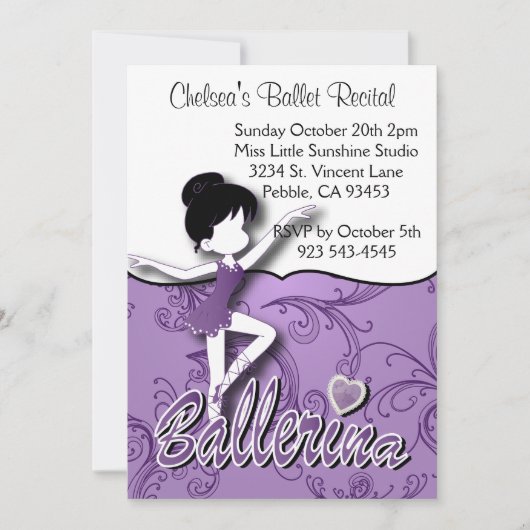 かわいい紫色のバレリーナの女の子|のバレエのダンスの演奏会 招待状 (正面)