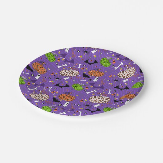 かわいい紫色のヒョウのカボチャ模様 ペーパープレート (アングル)