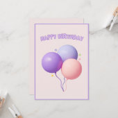 かわいい紫色のピンクバルーンハッピーバースデー カード (正面/裏面インサイチュ)