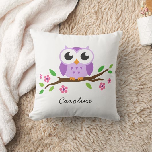 かわいい紫色のフクロウのフローラの枝パーソナライズされた名 クッション (ブランケット)