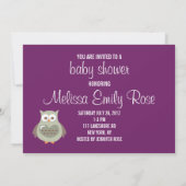 かわいい紫色のフクロウのベビーの発表の写真カード 招待状 (裏面)