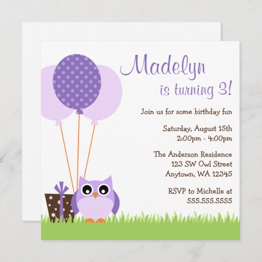 かわいい紫色のフクロウは誕生日の招待状を風船のようにふくらませます 招待状 (正面/裏面)
