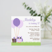 かわいい紫色のフクロウは誕生日の招待状を風船のようにふくらませます 招待状 (スタンド正面)