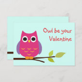 かわいい紫色のフクロウ教室バレンタイン交換子供 招待状 (正面/裏面)