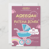 かわいい紫色のベビーカー女の子ムスリムAqeeqah 招待状 (正面)