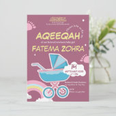 かわいい紫色のベビーカー女の子ムスリムAqeeqah 招待状 (スタンド正面)
