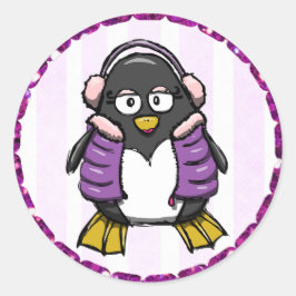 かわいい紫色のペンギンと耳のマフのシール ラウンドシール