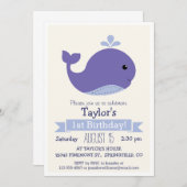 かわいい紫色のホエールキッドの誕生日パーティー 招待状 (正面/裏面)