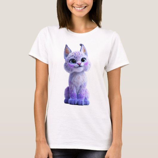 かわいい紫色のリンクス+子猫イラスト女性 Tシャツ (正面)