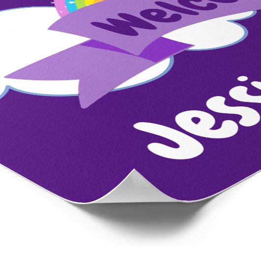 かわいい紫色のレインボーガールズベッドルームウェルカムサイン ポスター (角)