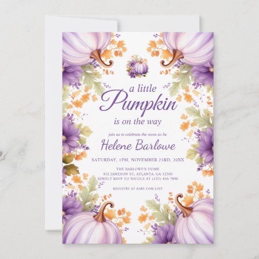 かわいい紫色の小さなかぼちゃの赤ちゃんシャワー 招待状 (正面)