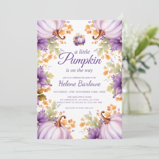 かわいい紫色の小さなかぼちゃの赤ちゃんシャワー 招待状 (スタンド正面)