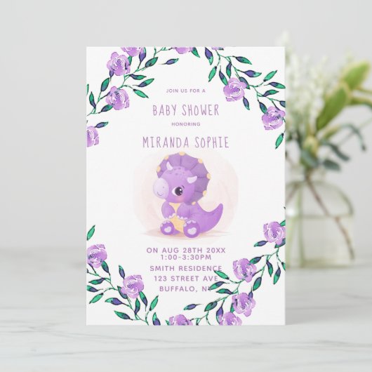 かわいい紫色の恐竜の女の子の赤ちゃんシャワー 招待状 (スタンド正面)
