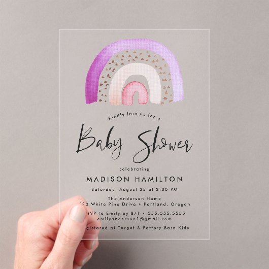 かわいい紫色の水彩虹の赤ちゃんシャワー アクリル招待状 (インサイチュ (ポータブル))
