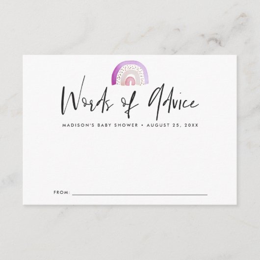 かわいい紫色の水彩虹の赤ちゃんシャワー アドバイスカード (正面)