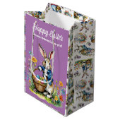 かわいい紫色の水色のヴィンテージイースターバニー ミディアムペーパーバッグ (正面アングル)