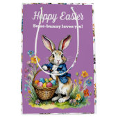 かわいい紫色の水色のヴィンテージイースターバニー ミディアムペーパーバッグ (正面)