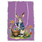 かわいい紫色の水色のヴィンテージイースターバニー ミディアムペーパーバッグ (裏面)