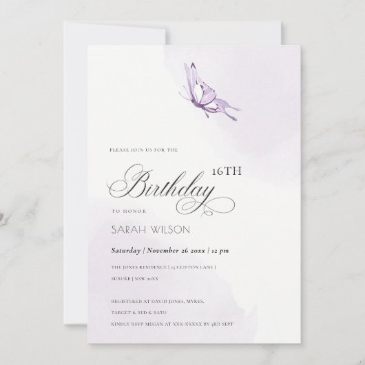 かわいい紫色の水色バタフライエイジ誕生日 招待状 (正面)