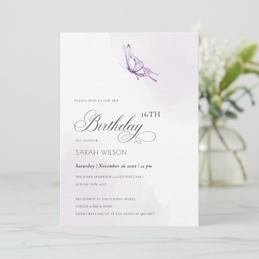 かわいい紫色の水色バタフライエイジ誕生日 招待状 (スタンド正面)