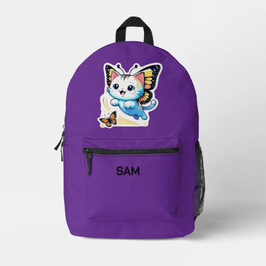 かわいい紫色の猫と蝶 名前入りカスタムデザイン プリントバックパック (正面)