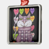 かわいい紫色の猫の緑の目キャンディハートブラック メタルオーナメント (左)