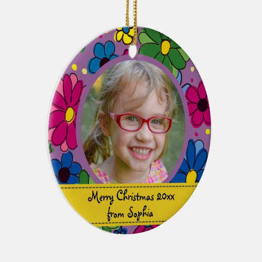 かわいい紫色の花の子のフォトフレームクリスマス セラミックオーナメント (右)