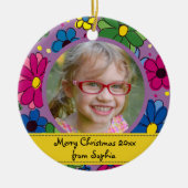 かわいい紫色の花の子のフォトフレームクリスマス セラミックオーナメント (正面)