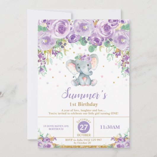 かわいい紫色の花象の第1誕生日の女の子 招待状 (正面)