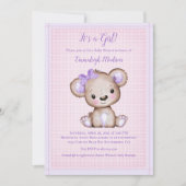 かわいい紫色の茶色の女の子クマ赤ちゃんシャワー招待状 招待状 (正面)