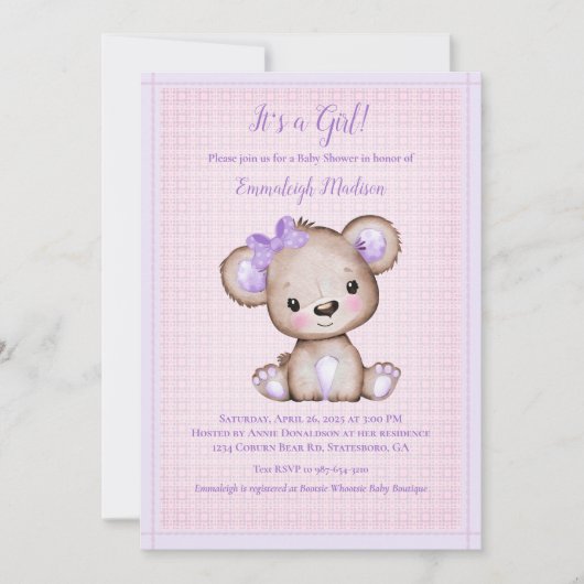 かわいい紫色の茶色の女の子クマ赤ちゃんシャワー招待状 招待状 (正面)