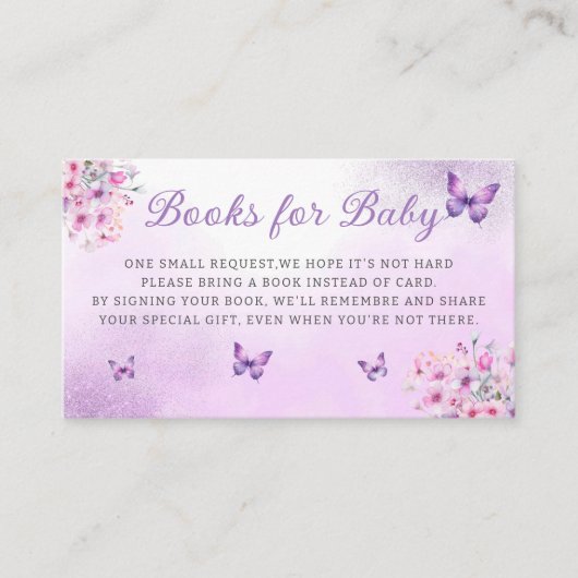 かわいい紫色の蝶フローラ女の子の本ベビー エンクロージャーカード (正面)