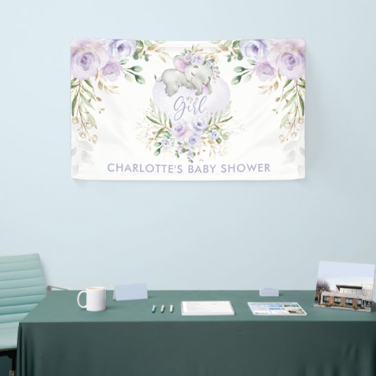 かわいい紫色の金ゴールド薄紫フローラエレファントベビーシャワー 横断幕 (トレードショー)