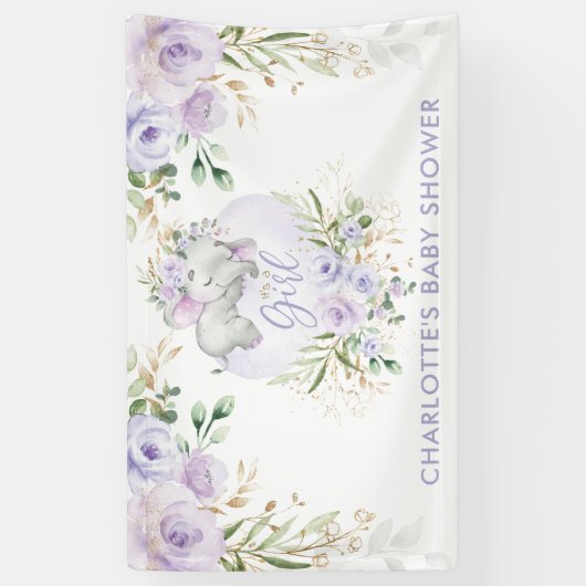 かわいい紫色の金ゴールド薄紫フローラエレファントベビーシャワー 横断幕 (縦)