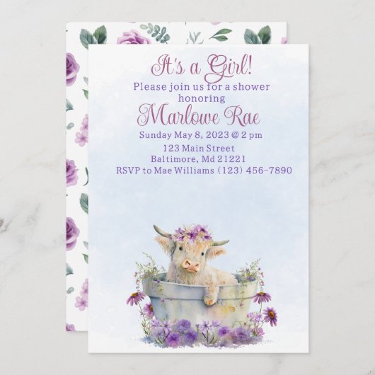 かわいい紫色の高地の牛の赤ちゃんシャワーの招待 招待状 (正面/裏面)