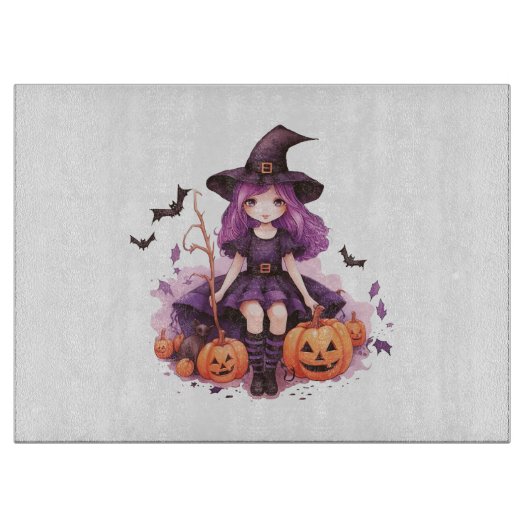 かわいい紫色の髪の魔女のかぼちゃとコウモリ カッティングボード (正面)