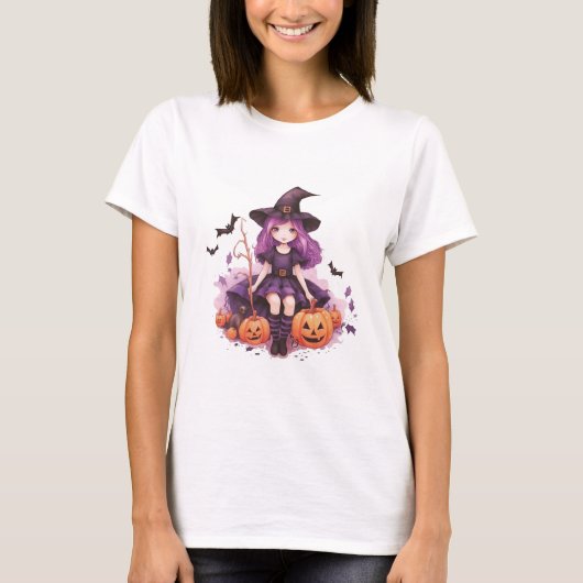 かわいい紫色の髪の魔女のかぼちゃとコウモリ Tシャツ (正面)