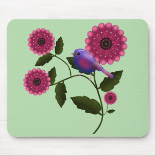 かわいい紫色の鳥のいる華やかな春の花のイラスト マウスパッド