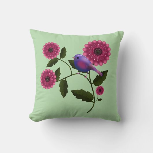 かわいい紫色の鳥の芸術作品が描かれた華やかな春の花々 クッション (正面)